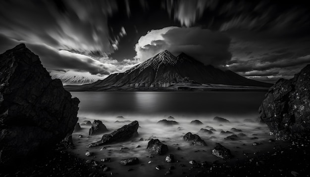 Una foto in bianco e nero di una montagna con la parola monte fuji sul fondo.