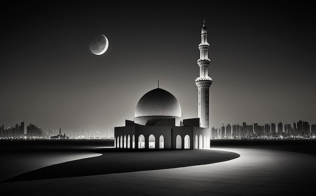 Una foto in bianco e nero di una moschea con una luna nel cielo.