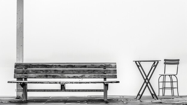 Una foto in bianco e nero di una panchina e di un tavolo