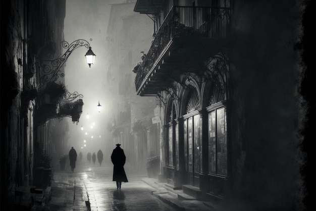 Una foto in bianco e nero di una persona che cammina lungo una strada generativa ai