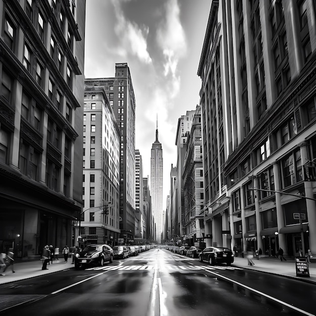 Una foto in bianco e nero di una strada con un edificio sullo sfondo.