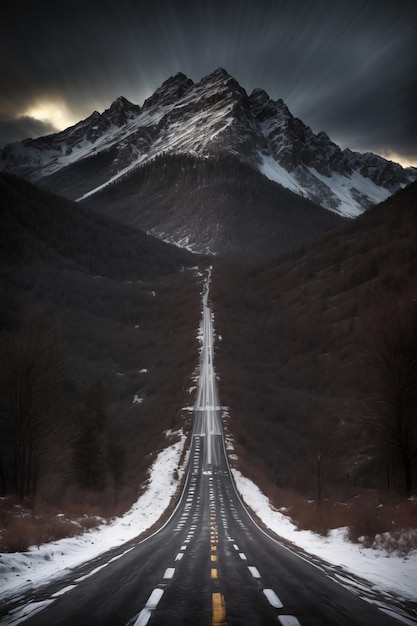 Una foto in bianco e nero di una strada con una montagna sullo sfondo