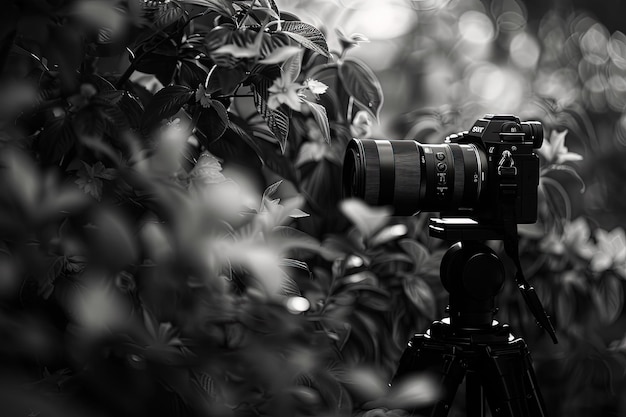Una foto in bianco e nero di una telecamera su un treppiede