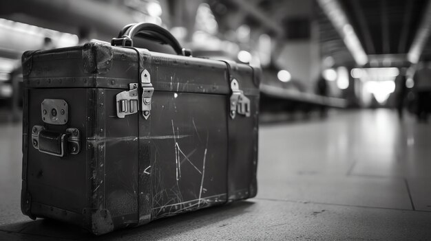 Una foto in bianco e nero di una valigia d'epoca seduta su una piattaforma della stazione ferroviaria