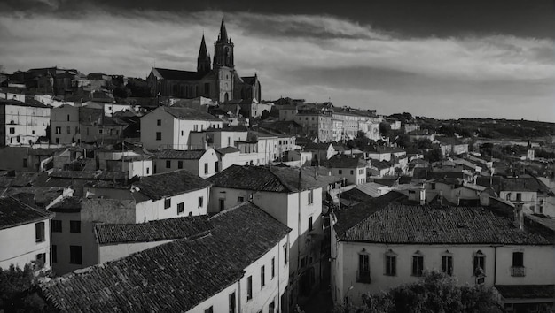 una foto in bianco e nero di una vecchia città