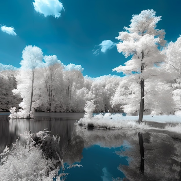 Una foto in bianco e nero di uno stagno con alberi e un cielo blu.