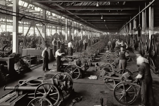 Una foto in bianco e nero di uomini che lavorano in una fabbrica con macchinari.