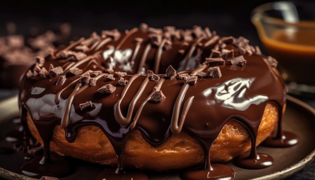 Una foto in primo piano del rivestimento di cioccolato sulla ciambella AI generativa