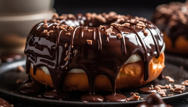 Una foto in primo piano del rivestimento di cioccolato sulla ciambella AI generativa