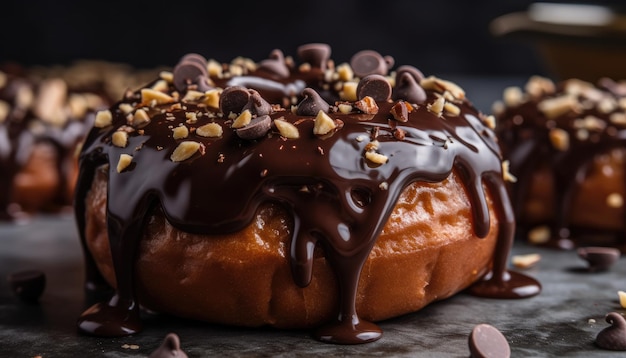 Una foto in primo piano del rivestimento di cioccolato sulla ciambella AI generativa