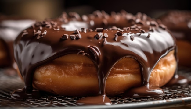 Una foto in primo piano del rivestimento di cioccolato sulla ciambella AI generativa