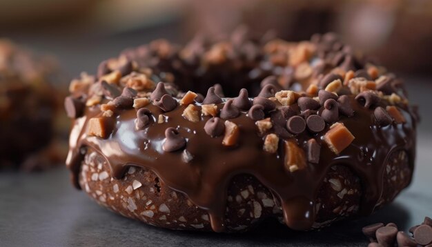 Una foto in primo piano del rivestimento di cioccolato sulla ciambella AI generativa