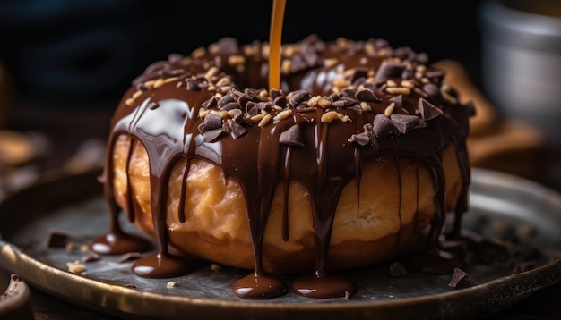 Una foto in primo piano del rivestimento di cioccolato sulla ciambella AI generativa