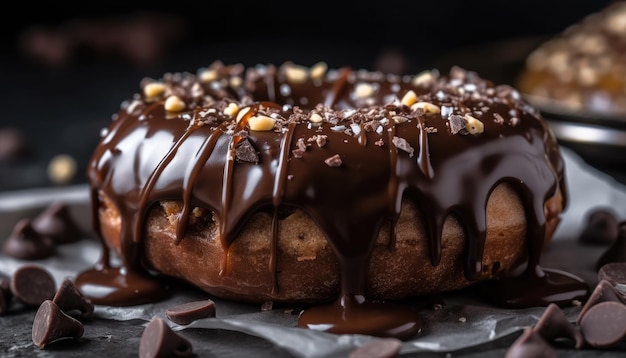 Una foto in primo piano del rivestimento di cioccolato sulla ciambella AI generativa