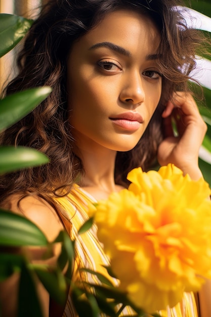 Una foto in primo piano della modella rosa lavalara che posa per una foto indossando un fiore con le palme