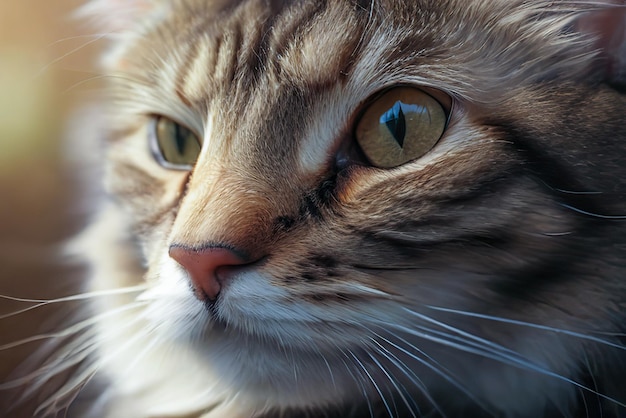 Una foto in primo piano di un gatto domestico con occhi verdi acuti e modelli di pelliccia dettagliati che evidenziano l'arte della natura negli animali