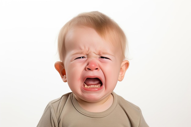 una foto in primo piano di un piccolo bambino carino che piange e urla