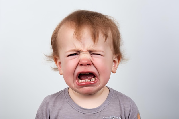 una foto in primo piano di un piccolo bambino carino che piange e urla