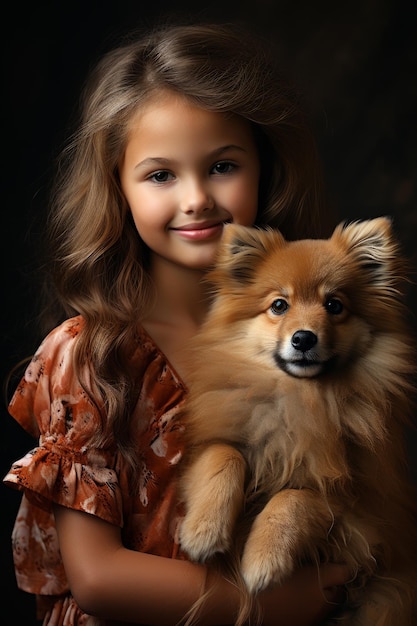 Una foto in primo piano di una ragazza con un cane pomeranian che tiene un vestito marrone