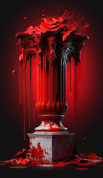 Una foto in rosso e nero di una colonna con vernice gocciolante che gocciola giù.