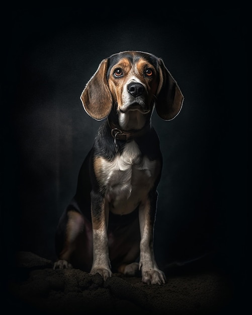 Una foto in studio di un beagle seduto con sfondo nero