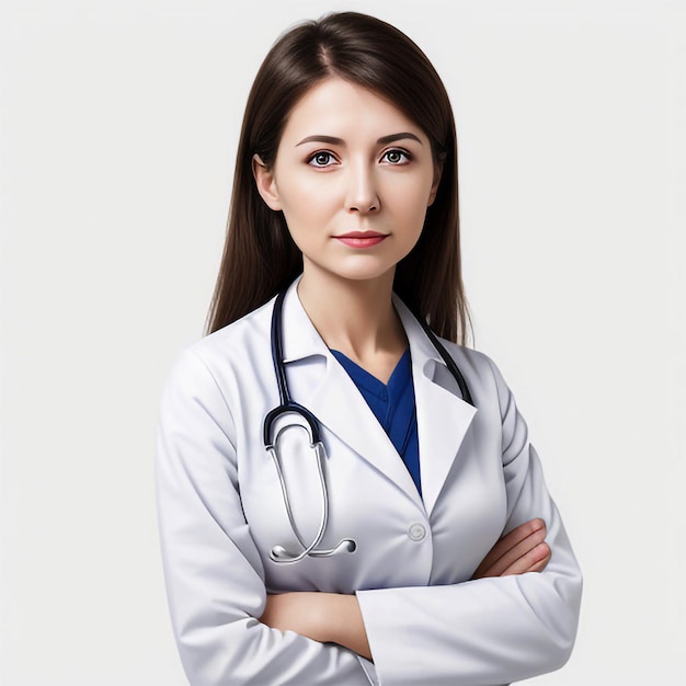 una foto in vista anteriore giovane medico donna in tuta medica bianca con stetoscopio indossando protezioni bianche
