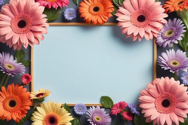 una foto incorniciata di fiori su uno sfondo blu