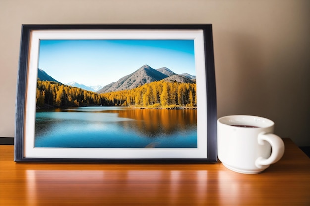 Una foto incorniciata di una montagna e una tazza di caffè su un tavolo