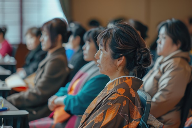 Una foto laterale orizzontale di donne giapponesi che si uniscono al seminario per donne