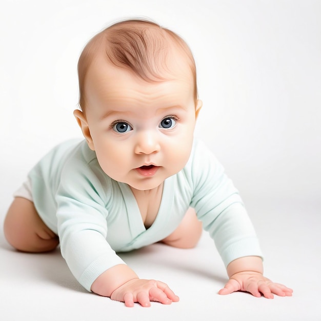 Una foto luminosa di un bambino curioso che striscia su uno sfondo bianco