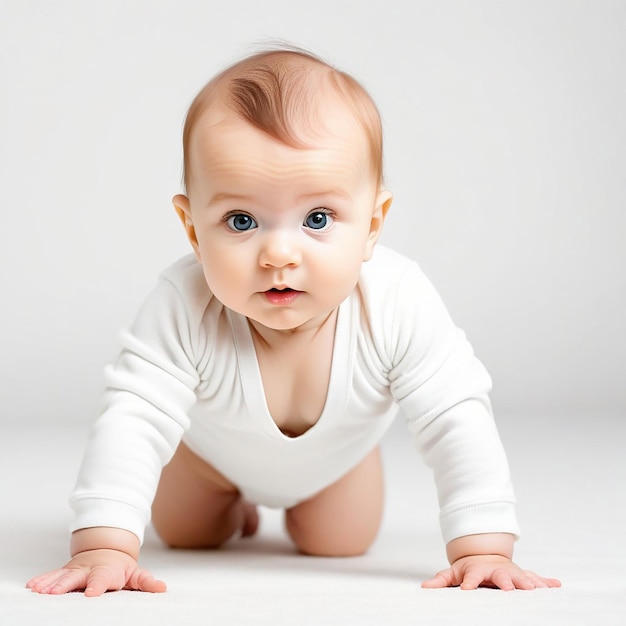 Una foto luminosa di un bambino curioso che striscia su uno sfondo bianco