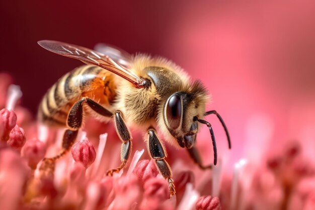 Una foto macro di un'ape che raccoglie il nettare da un fiore che sboccia. IA generativa