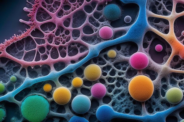 Una foto macro di una diapositiva al microscopio che mostra le intricate strutture molecolari di diversi coloranti e pigmenti che dimostrano l'ampia ricerca