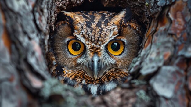 Una foto macro di una faccia di gufo con grandi occhi luminosi che si nasconde su un albero e guarda la telecamera