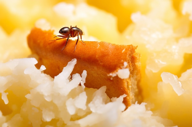 Una foto macro di una formica che naviga nel vasto paesaggio di un grano di mais