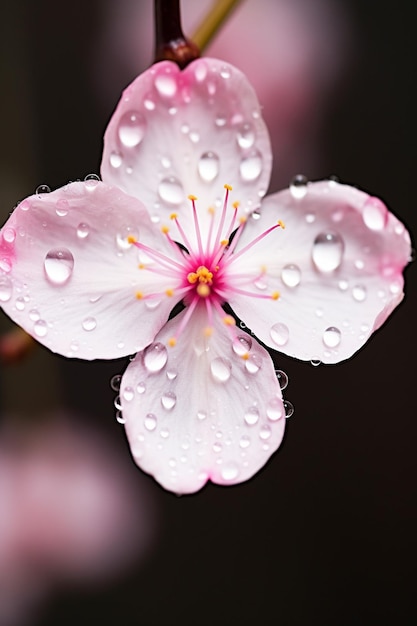Una foto macro di una goccia d'acqua sospesa su un petalo di fiore di ciliegio