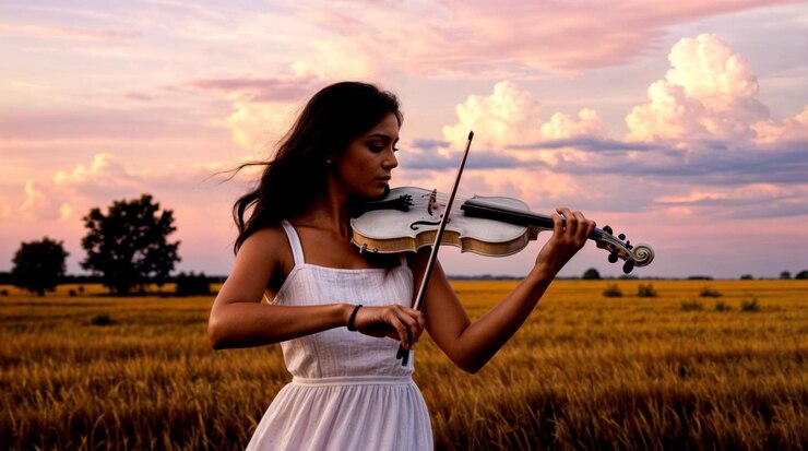 Foto una foto media di una silhouette di una bella donna che suona il violino in una prateria dorata