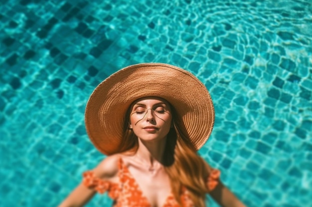 una foto modale femminile chiusa in piscina con un grande cappello