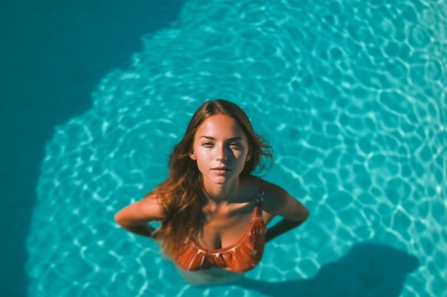 una foto modale femminile chiusa in piscina con un grande cappello