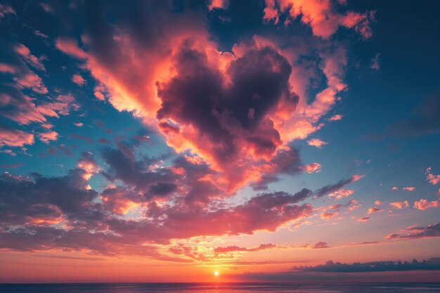 Una foto mozzafiato che cattura la bella vista di una nube a forma di cuore che galleggia nel cielo sopra un corpo d'acqua sereno Un tramonto sognante con nuvole in forma di cuore per il Giorno di San Valentino Generato dall'IA