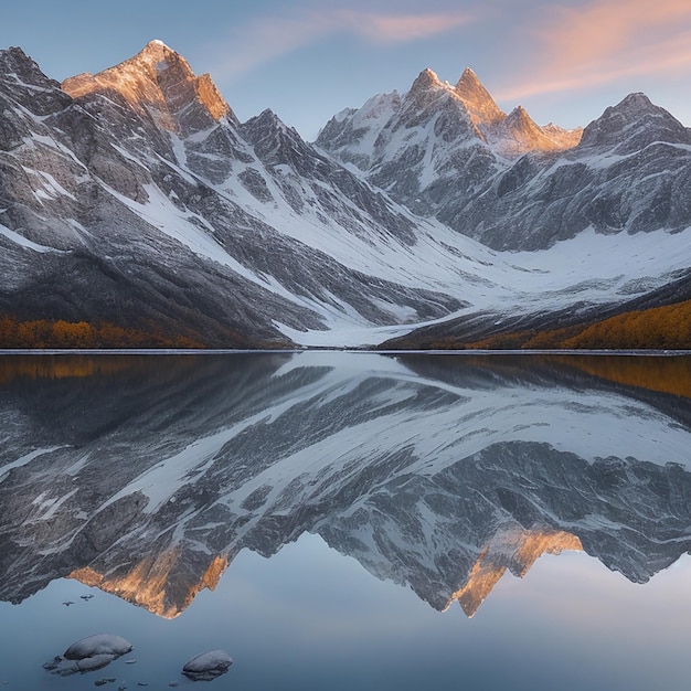 una foto mozzafiato di un sereno paesaggio montano durante l'alba