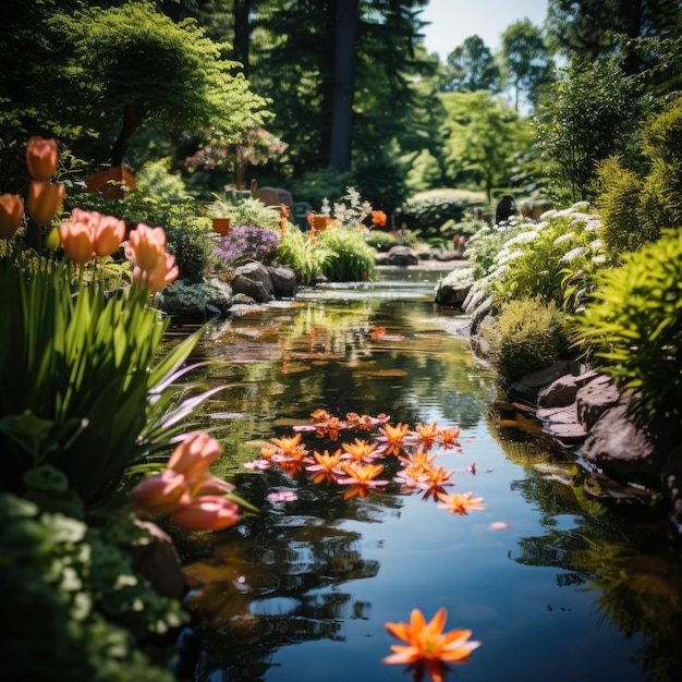 Una foto mozzafiato di uno stagno di giardino circondato da verdura lussureggiante e fiori colorati