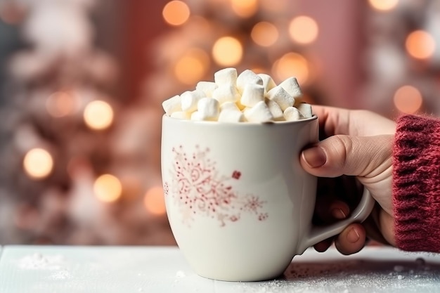 Una foto natalizia accogliente con una tazza di cacao