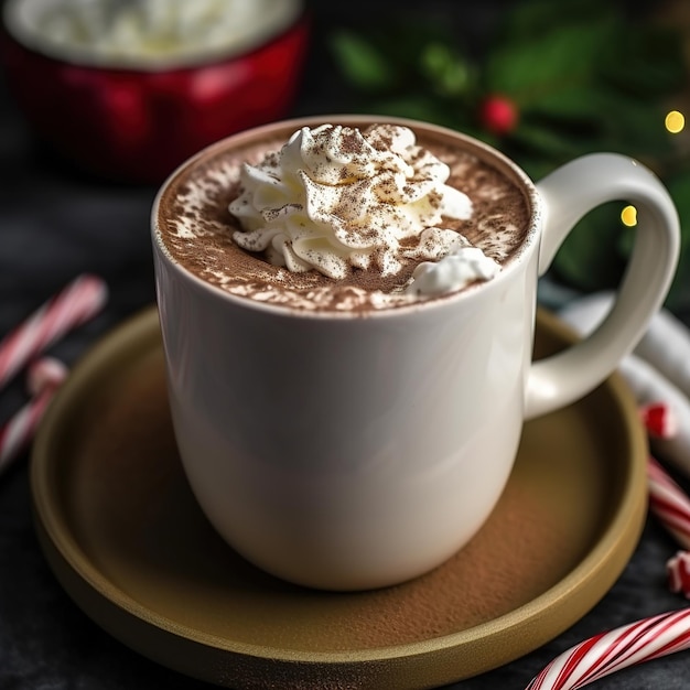 Una foto natalizia accogliente con una tazza di cacao