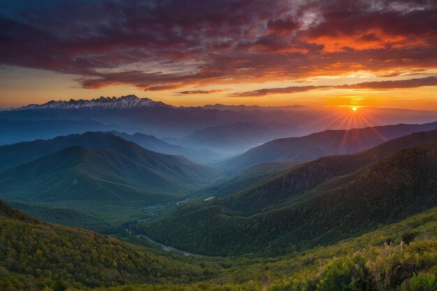 una foto panoramica di un'alba vibrante su una catena montuosa tranquilla