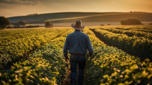 Una foto posteriore di un agricoltore in piedi in un grande campo di soia