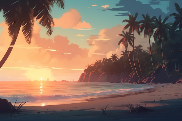 una foto raffigurante il sole che tramonta su una spiaggia in un ambiente tropicale