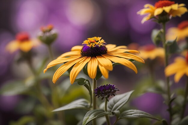 Una foto ravvicinata di un bellissimo fiore di susan con petali viola su uno sfondo sfocato