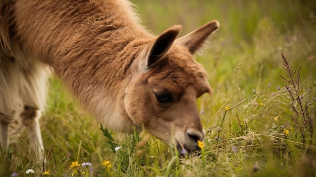 Una foto ravvicinata di un lama marrone nel campo