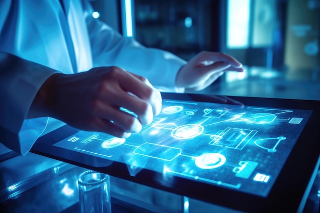 Una foto ravvicinata di un medico in un contesto clinico incentrato su un tablet nelle loro mani IA generativa